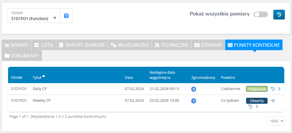 Wejście do zakładki Punkty kontrolne w obiekcie